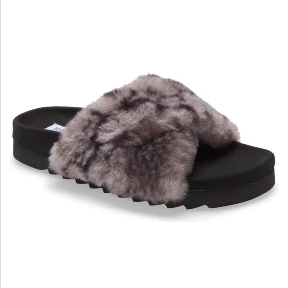 Steve Madden Black and Gray Fur Slippers